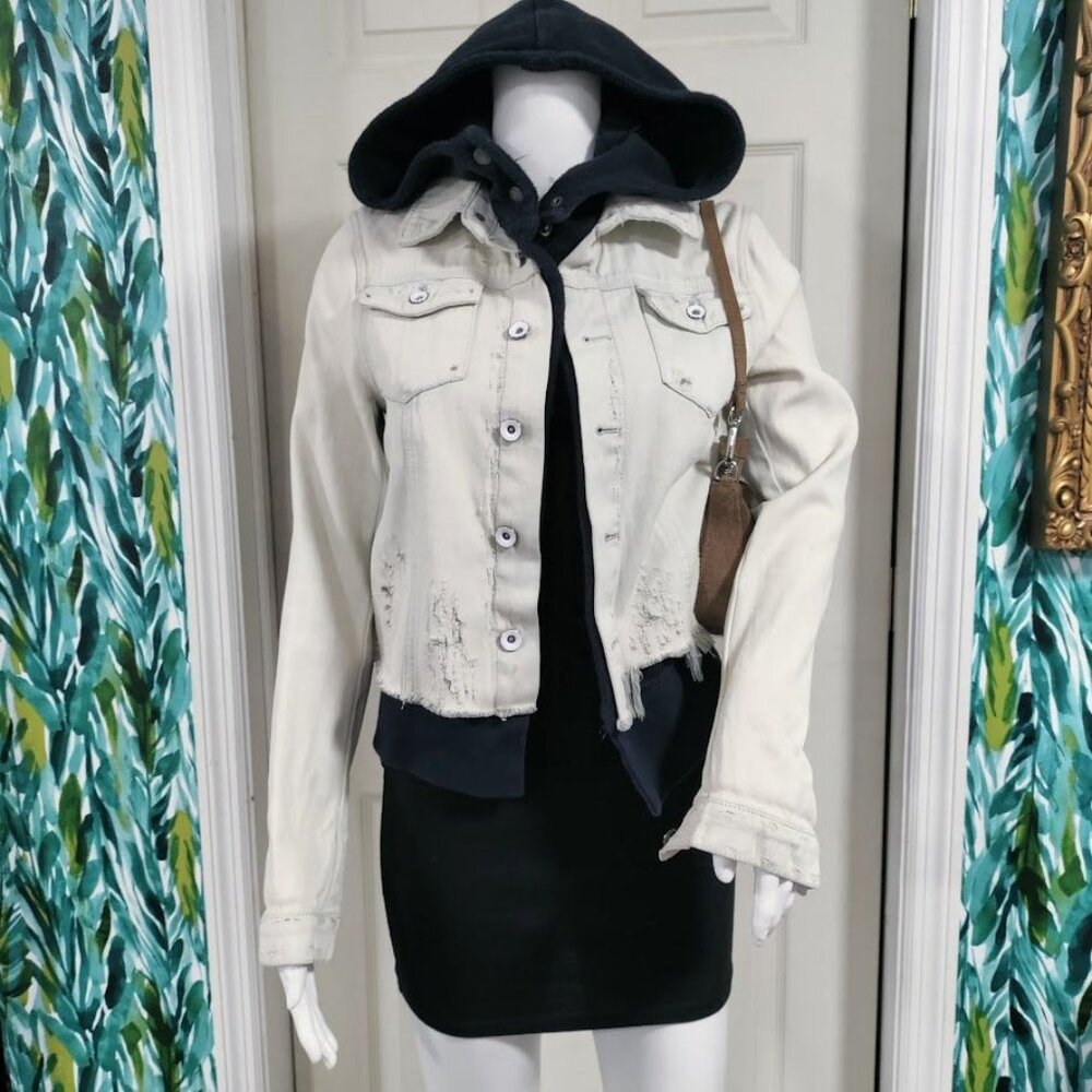 Free People Distressed Skater Grunge Layered Denim Jacket Ivory Black Size XS - Picture 7 of 15